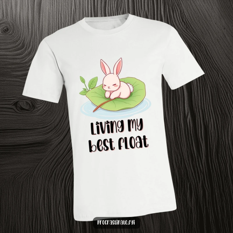 Funny rabbit t-shirt with a languid rabbit floating on a giant leaf in a calm pool, a comfortable and humorous tee.