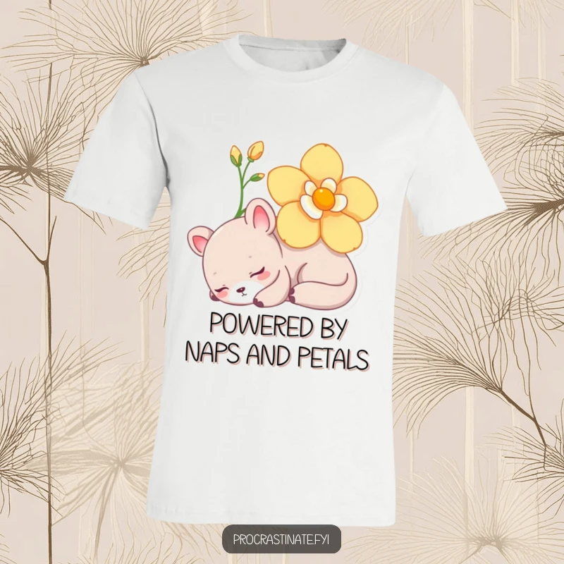 Funny T-Shirt featuring a lazy animal character napping contentedly under a beautiful blooming flower, promoting rest.