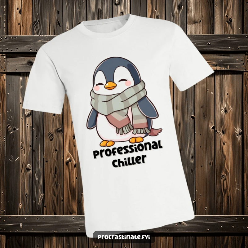 Funny penguin t-shirt showcasing a relaxed penguin bundled in a warm scarf, embodying ultimate comfort and gentle humor.