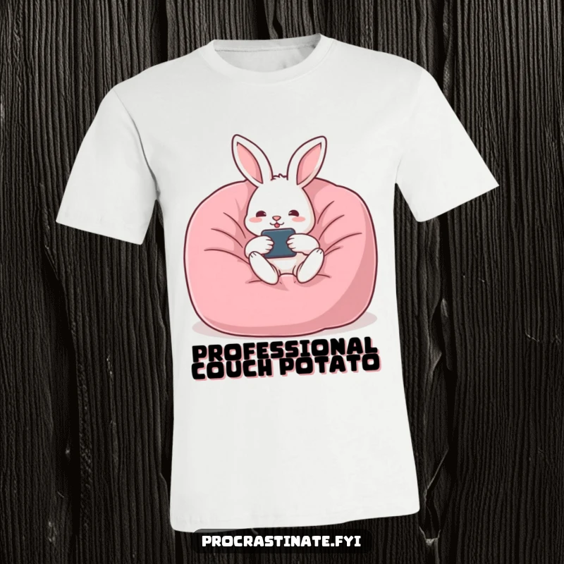 Funny rabbit t-shirt featuring a chill rabbit reclined in a beanbag chair, remote in hand, mastering the art of doing nothing.