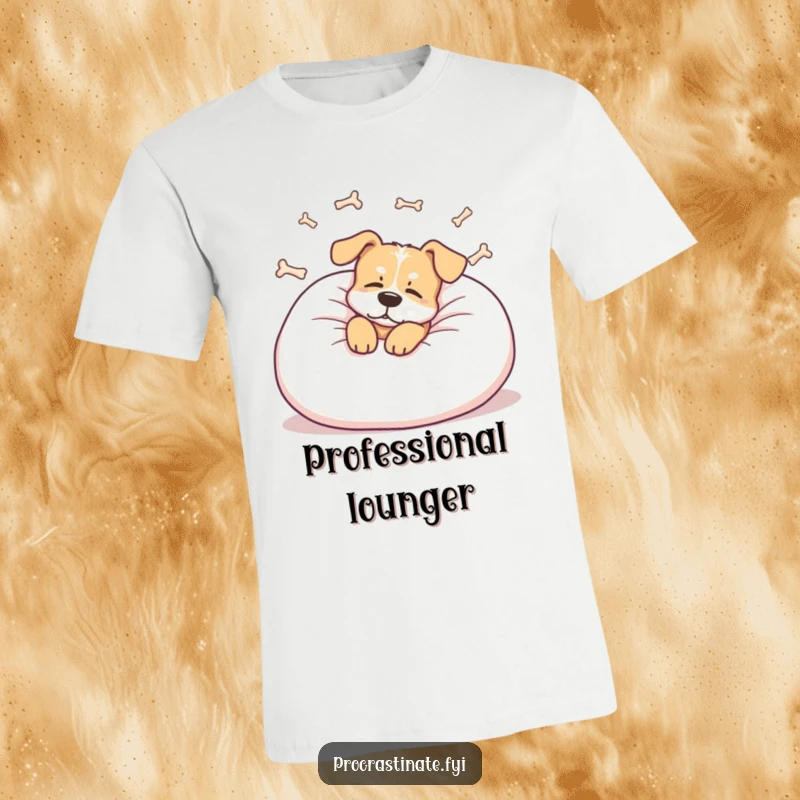 Funny dog t-shirt showing a relaxed dog lounging on a giant pillow, dreaming of bones, a comfy and humorous tee.