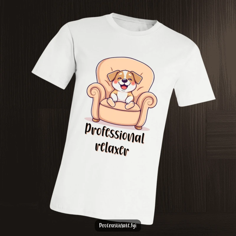 Funny t-shirt depicting a cheerful dog sighing happily while sinking into a giant comfy armchair, a symbol of pure comfort.