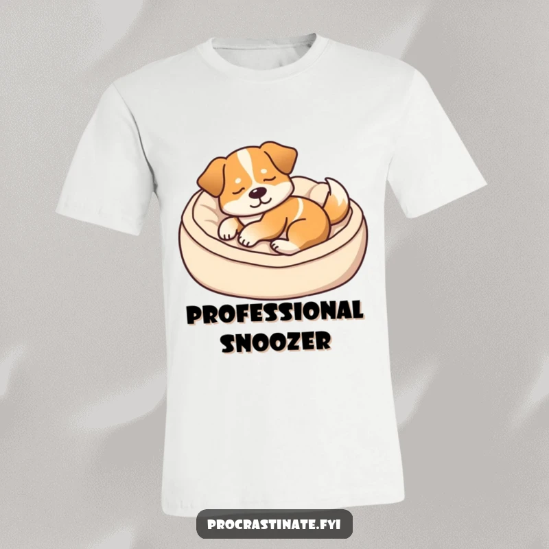 Funny t-shirt featuring a content dog peacefully napping in a cozy dog bed, its tail giving a soft, happy thump.