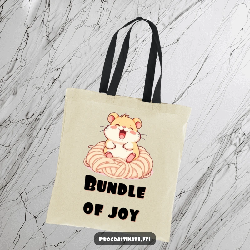 Funny giggling hamster character rolling happily in a pile of soft yarn, a sturdy and funny tote for crafters.