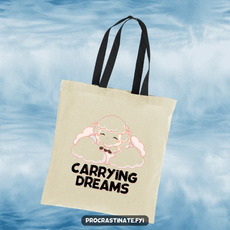Funny Sheep Tote Bag: A fluffy sheep sleeps on clouds, showing off a peaceful vibe, a cute and humorous carry-all.