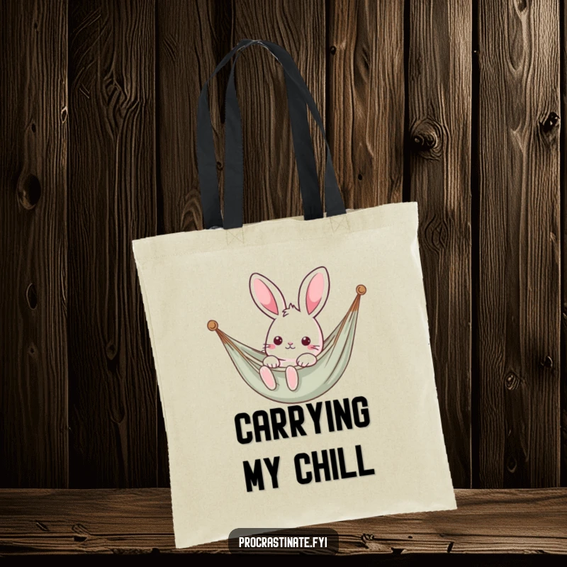 Funny kawaii rabbit lounging in a hammock, a cute and practical tote bag design.