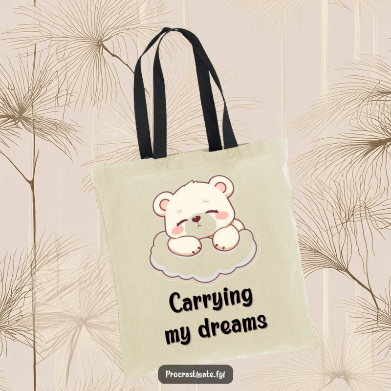 Funny Lazy Bear Cub Tote Bag, a bear cub lounging on a cloud, perfect for carrying your essentials with a dose of calm.