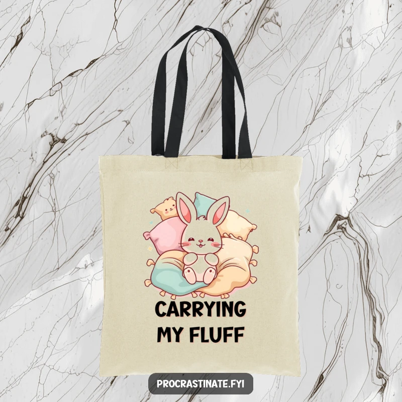 Funny bunny pillow tote bag showcasing a playful bunny surrounded by bouncing blankets and pillows. Carry your fun.