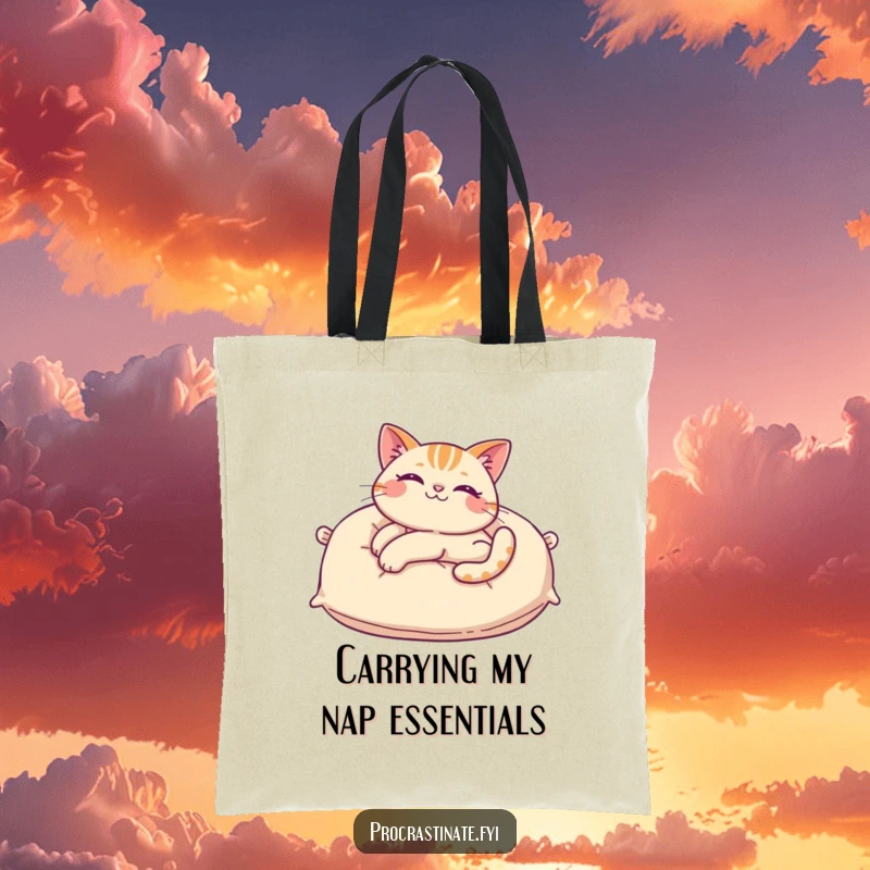 Funny cat tote bag with a cheerful cat stretching luxuriously on a giant pillow, perfect for carrying daily items with a humorous touch.