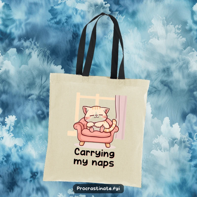 Funny content cat character purring while napping peacefully on a cushioned chair, a durable and funny tote for casual use.