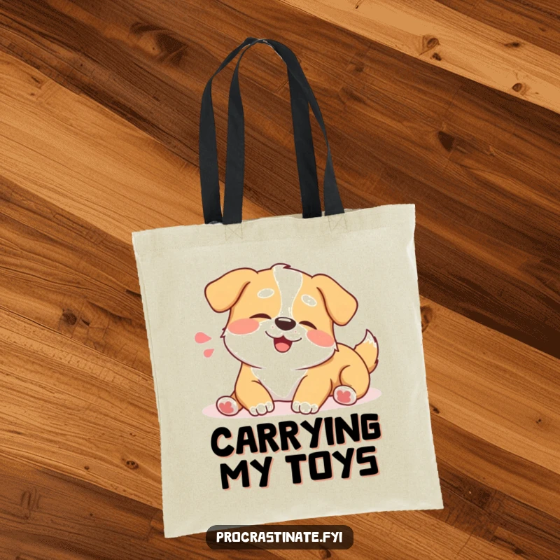 Funny happy dog tote bag showcasing a joyful dog stretching lazily with a contented sigh. Perfect for dog walks.