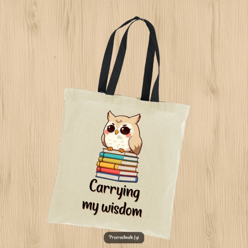 Funny smiling owl character with droopy eyes, leaning on a tilted stack of books, a durable and funny tote for bookworms.