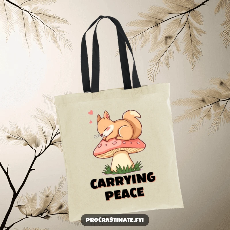 Funny dozing squirrel curled up on a giant mushroom cap, printed on a durable and stylish tote bag.