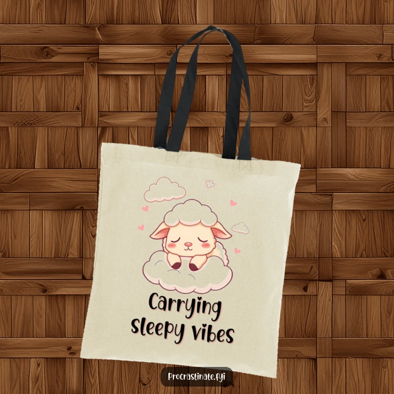 Funny tote bag featuring a sleepy cartoon sheep counting fluffy clouds and dozing off, durable and calm.