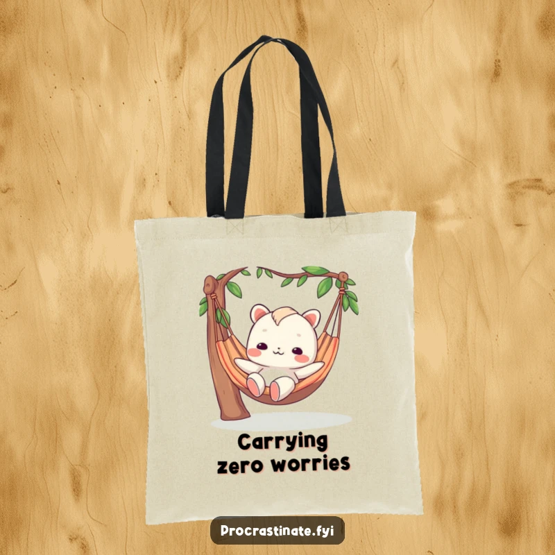 Funny tote bag illustrating a creature with a blank expression relaxing in a hammock, symbolizing carefree living.