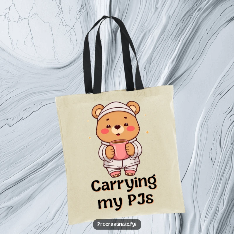 Funny bear pajama tote bag showcasing a cheerful bear in pajamas, holding a warm mug. Stylish and functional.