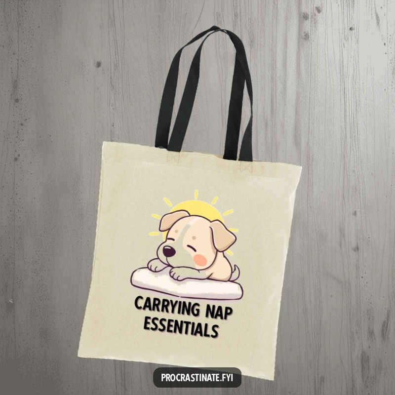 Funny dog tote bag featuring a calm dog stretching contentedly in a sunbeam, perfect for carrying groceries with a smile.