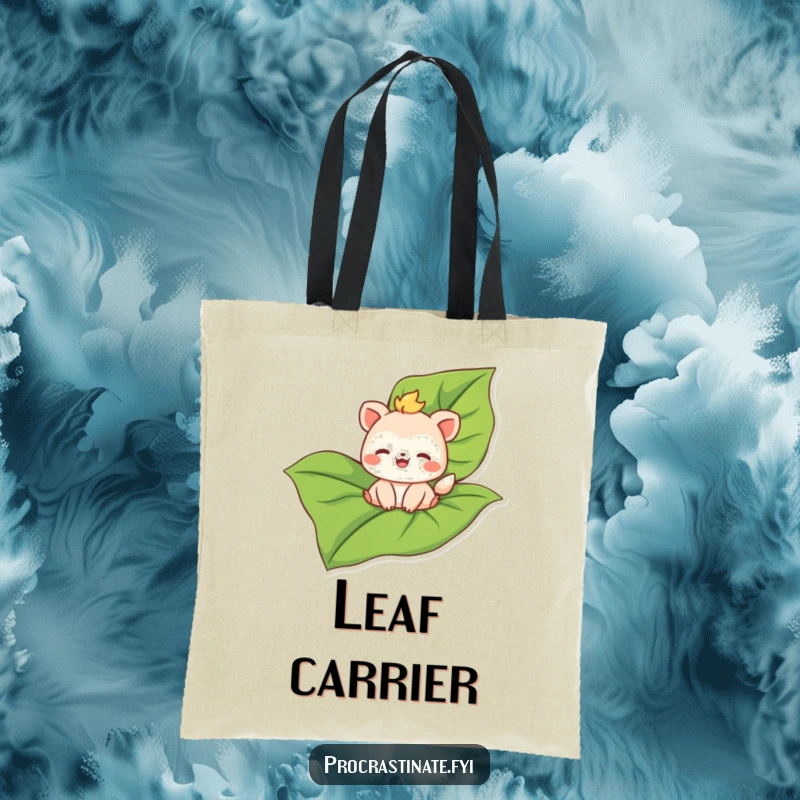 Funny tote bag showcasing a joyful animal character floating peacefully on a large leaf, perfect for carrying essentials.