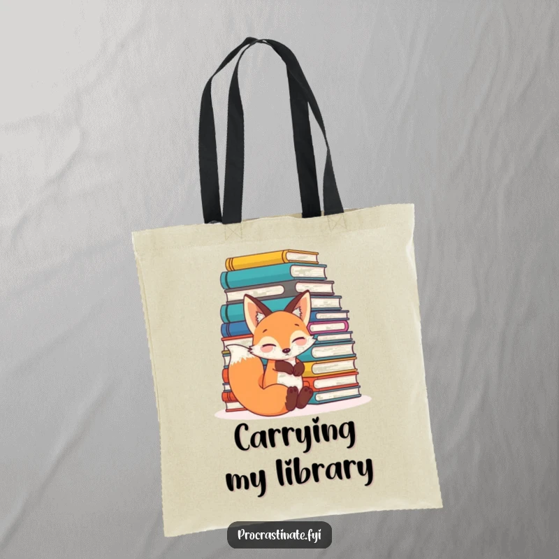 Funny relaxed fox leaning comfortably against a huge pile of books, looking content and scholarly on this practical tote bag.