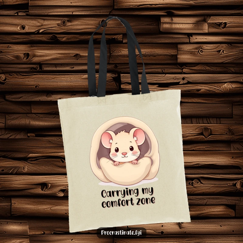 Funny kawaii mouse tote bag showing a cute mouse peeking out from under a cozy blanket, perfect for carrying essentials.