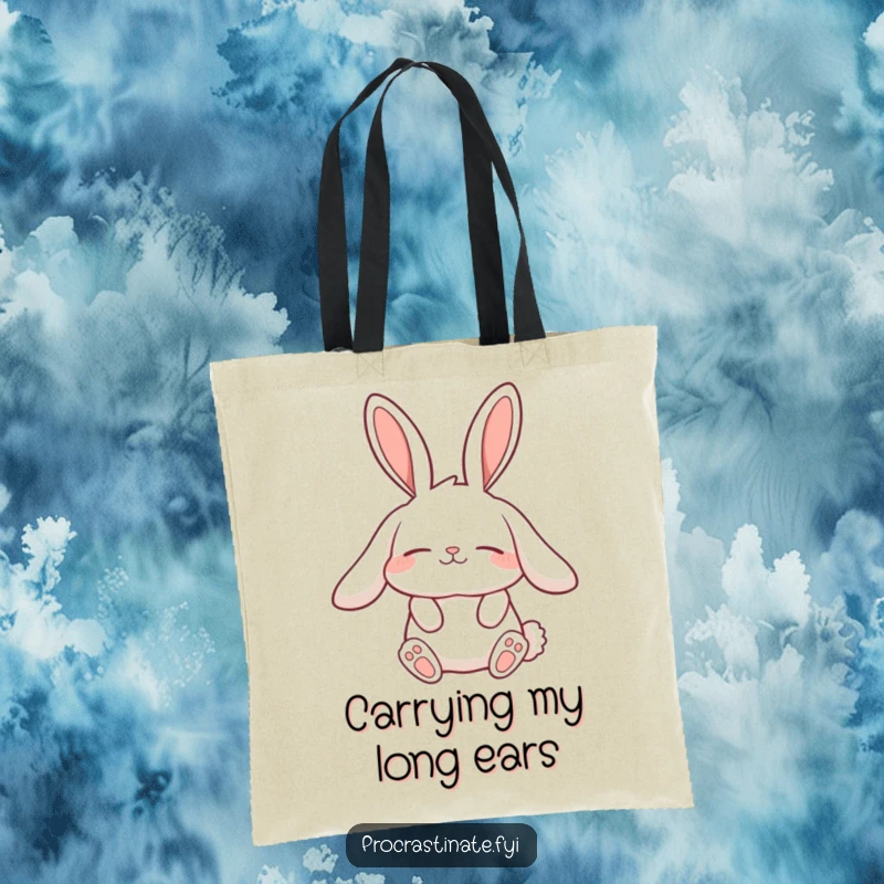 Funny lazy rabbit tote bag with a character showcasing long, relaxed ears while stretching slowly, perfect for carrying items leisurely.