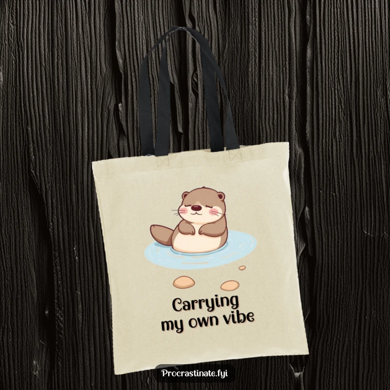 Funny otter floating peacefully on its back in a calm stream, looking utterly relaxed and happy on this practical tote bag.