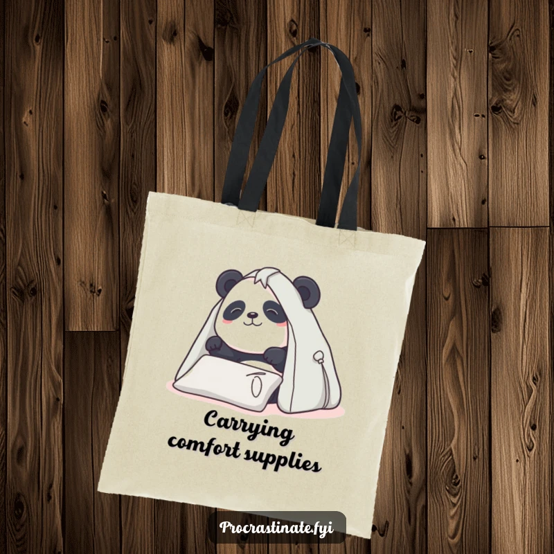 Funny Panda Tote Bag: Determined panda building a pillow fort, practical for carrying treasures, great funny gift.