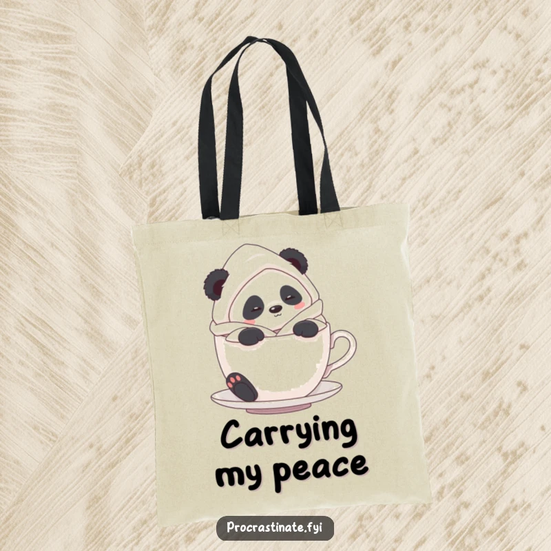 Funny Panda Tea Time Tote Bag: A panda in a bathrobe luxuriates in a teacup, perfect for carrying relaxation.