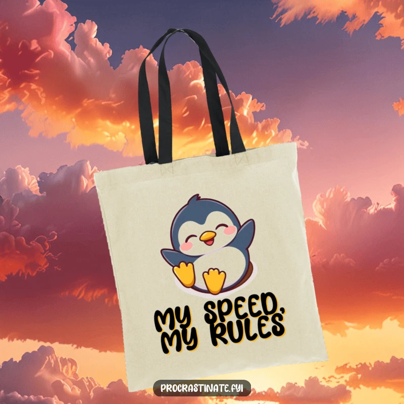 Funny tote bag with a joyful penguin character sliding down a snowy hill with eyes shut, radiating happiness and fun.