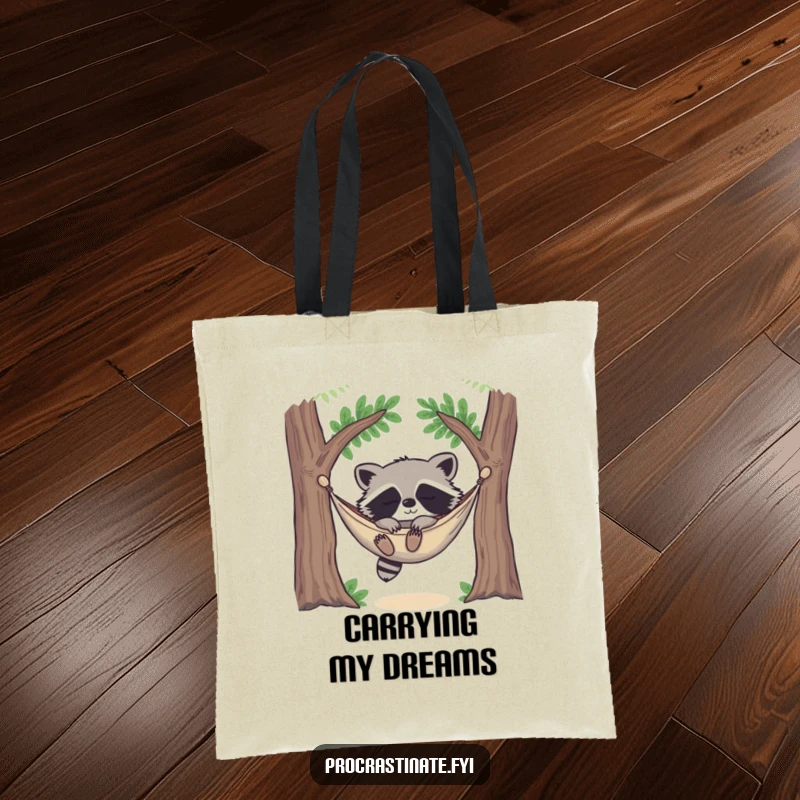 Funny happy raccoon deeply asleep in a cozy hammock strung between two trees, looking utterly content on this practical tote bag.