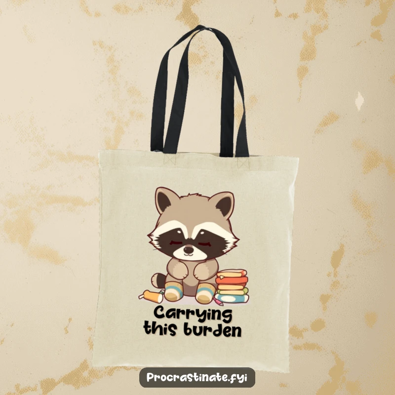 Funny Raccoon Tote Bag: Cozy socks, blank stare at chores, practical humor for carrying essentials, great funny gift idea.