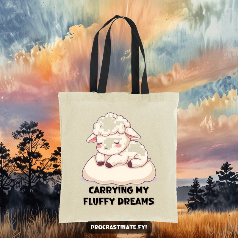 Funny sheep tote bag showing a peaceful sheep resting its head on a soft blanket, perfect for carrying items with serenity.