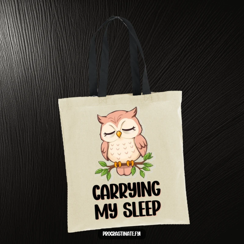Funny sleepy owl tote bag featuring an owl dozing on a tiny branch, perfect for carrying books and dreams.