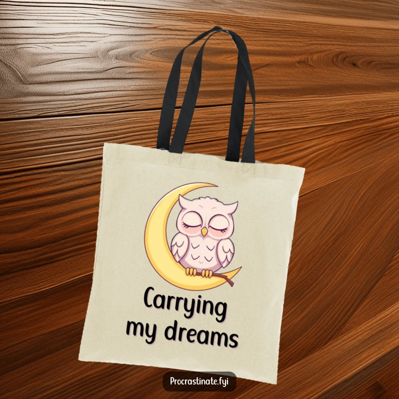 Funny sleepy owl perched on a glowing crescent moon, gently nodding off with half-closed eyes on this practical tote bag.