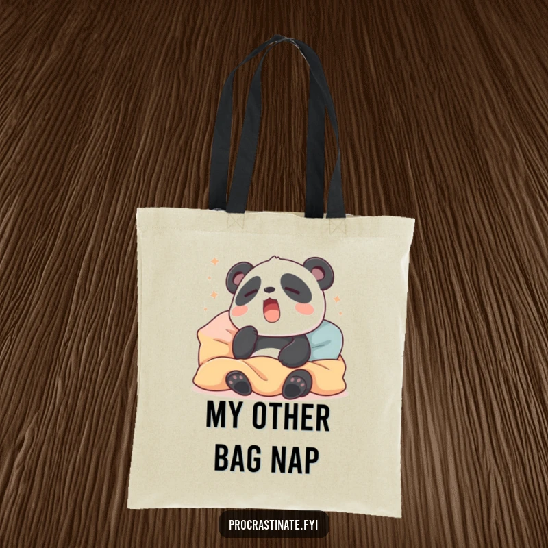 Funny tote bag with a sleepy panda yawning wide amongst pillows and blankets, ideal for carrying daily items with a touch of cozy humor.
