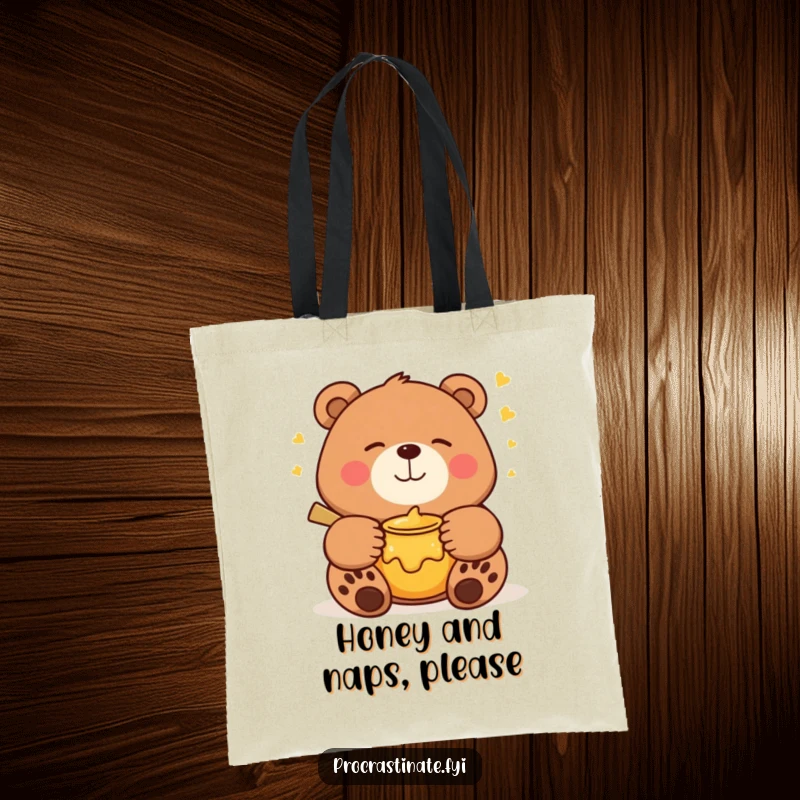 Funny bear tote bag with a smiling bear dreaming of a honey pot, ideal for carrying daily items with a touch of humor.
