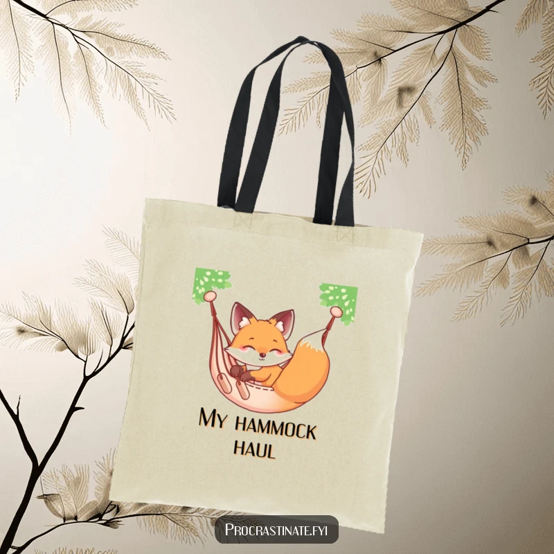 Funny relaxed fox sprawled on a hammock, gently swaying, on a durable and stylish tote bag.