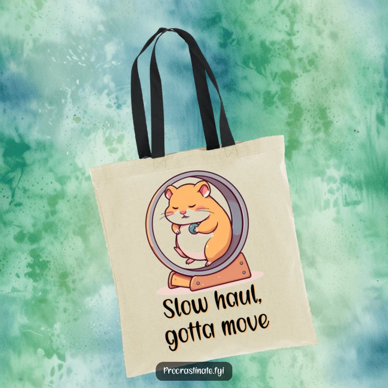 Funny tote bag showcasing a sleepy hamster slowly rotating an oversized wheel, perfect for carrying essentials at a relaxed pace.