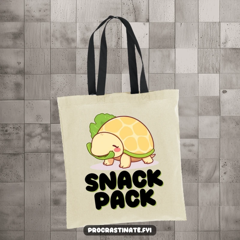 Funny Turtle Tote Bag: A chill turtle slowly munches lettuce, a humorous and practical accessory for slow living enthusiasts.