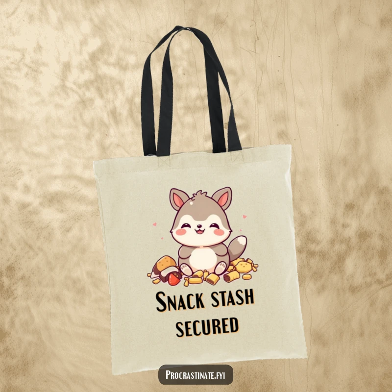Funny tote bag featuring a gleeful animal character with a satisfied grin, sitting amidst a delightful mess of snack wrappers.